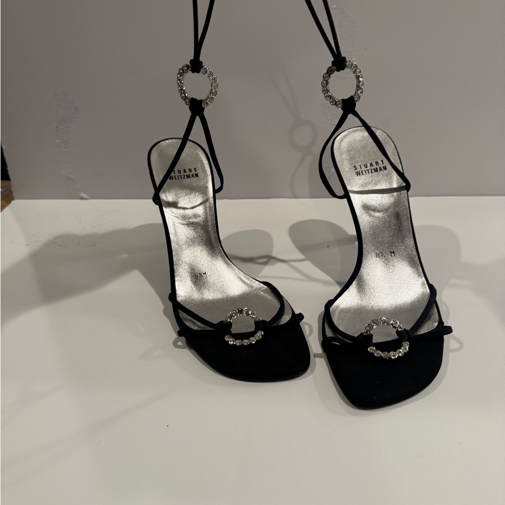 Auth Stuart Weitzman Black Strappy Heels with Rhinestone Detail